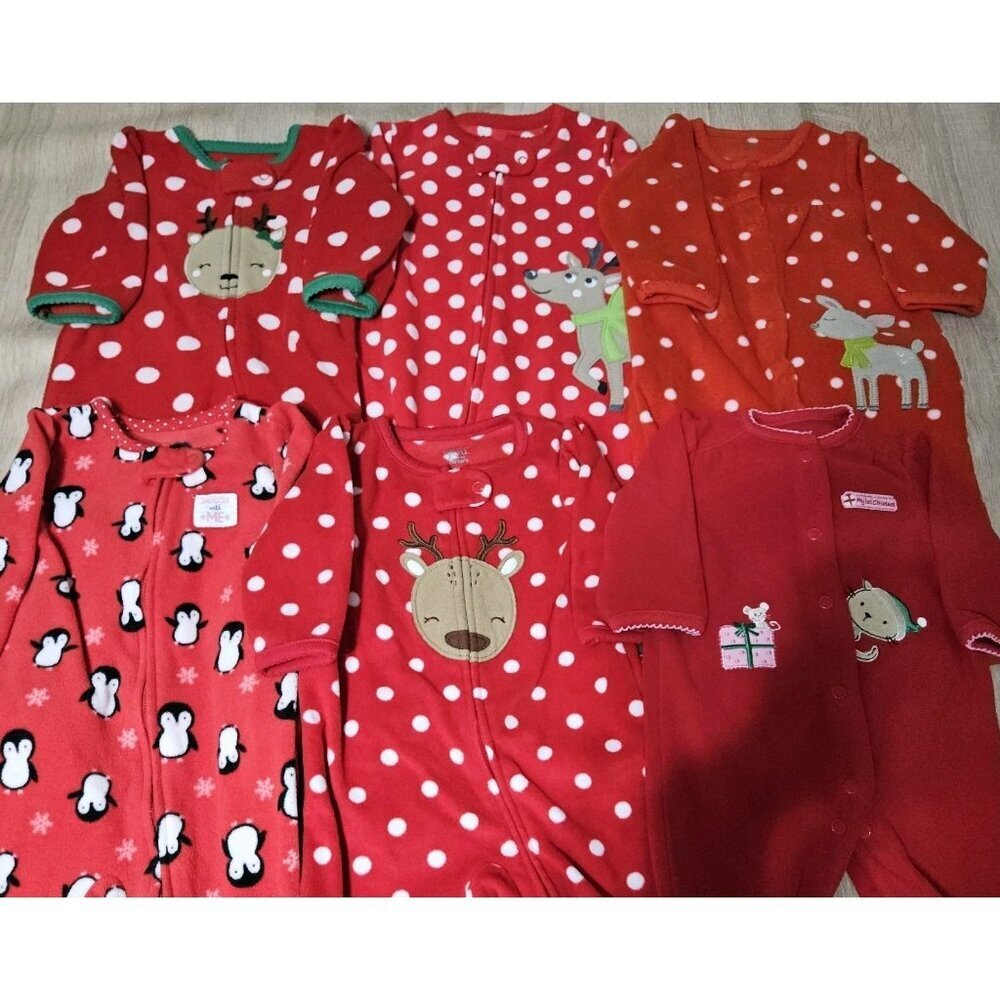 Lot Of 6 Carters Fleece Pjs Pajamas Sizes Newborn -6 Months Girls Cozy Christmas